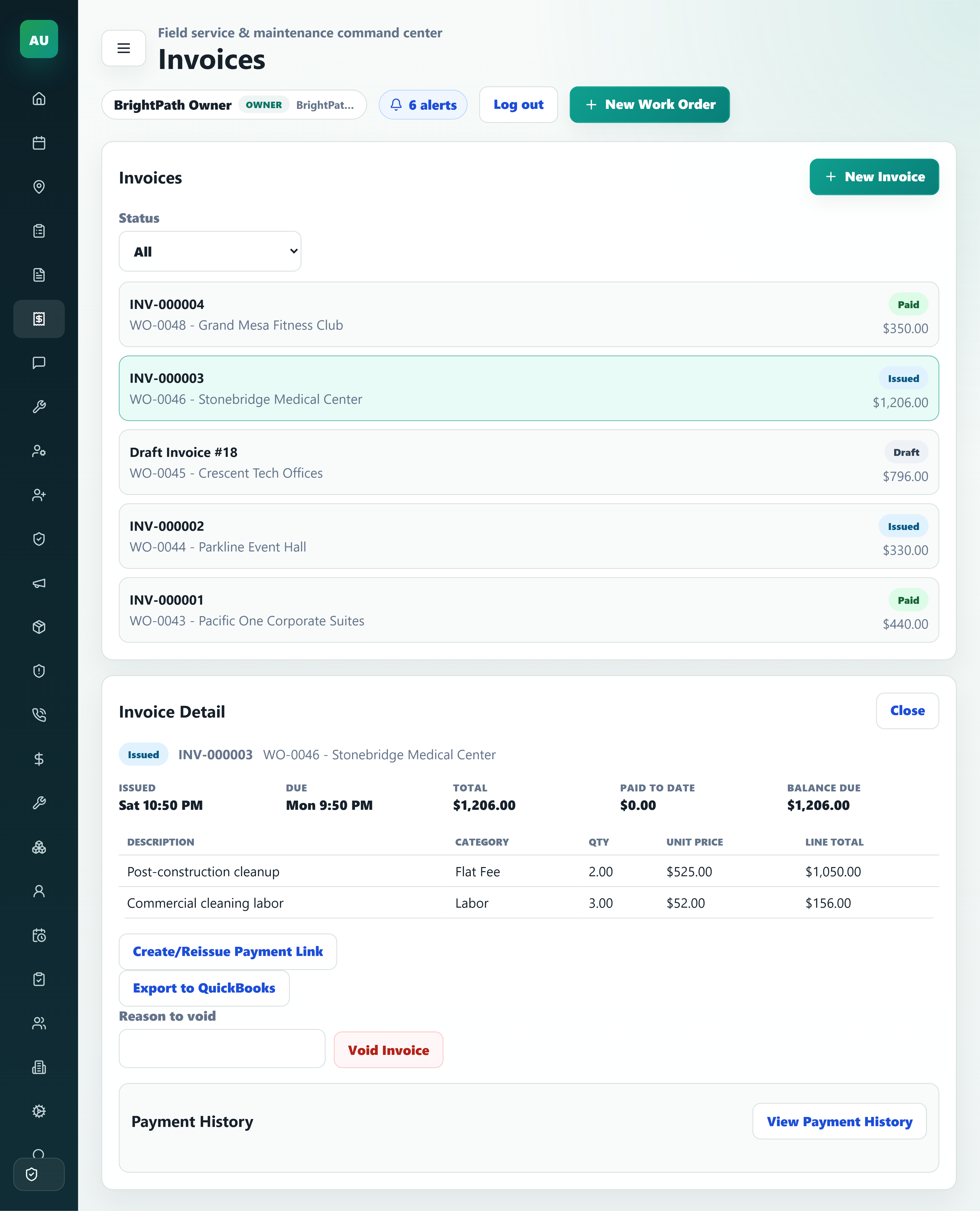 Selected invoice with item details in the fictional BrightPath demo workspace