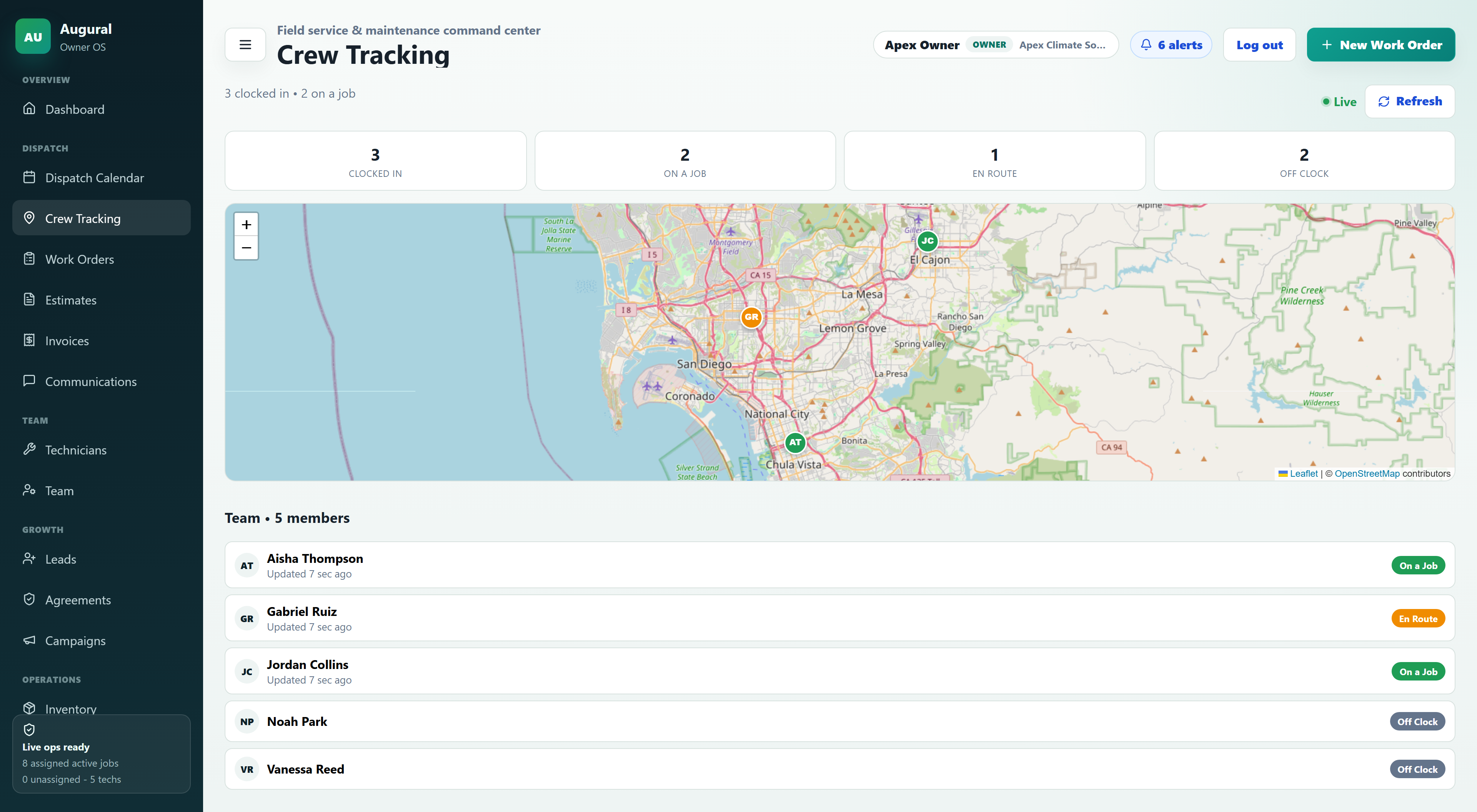 Fictional Apex crew tracking map with three clocked in, two on jobs, one en route, and two off clock; illustrative demo data, not validated live-phone GPS