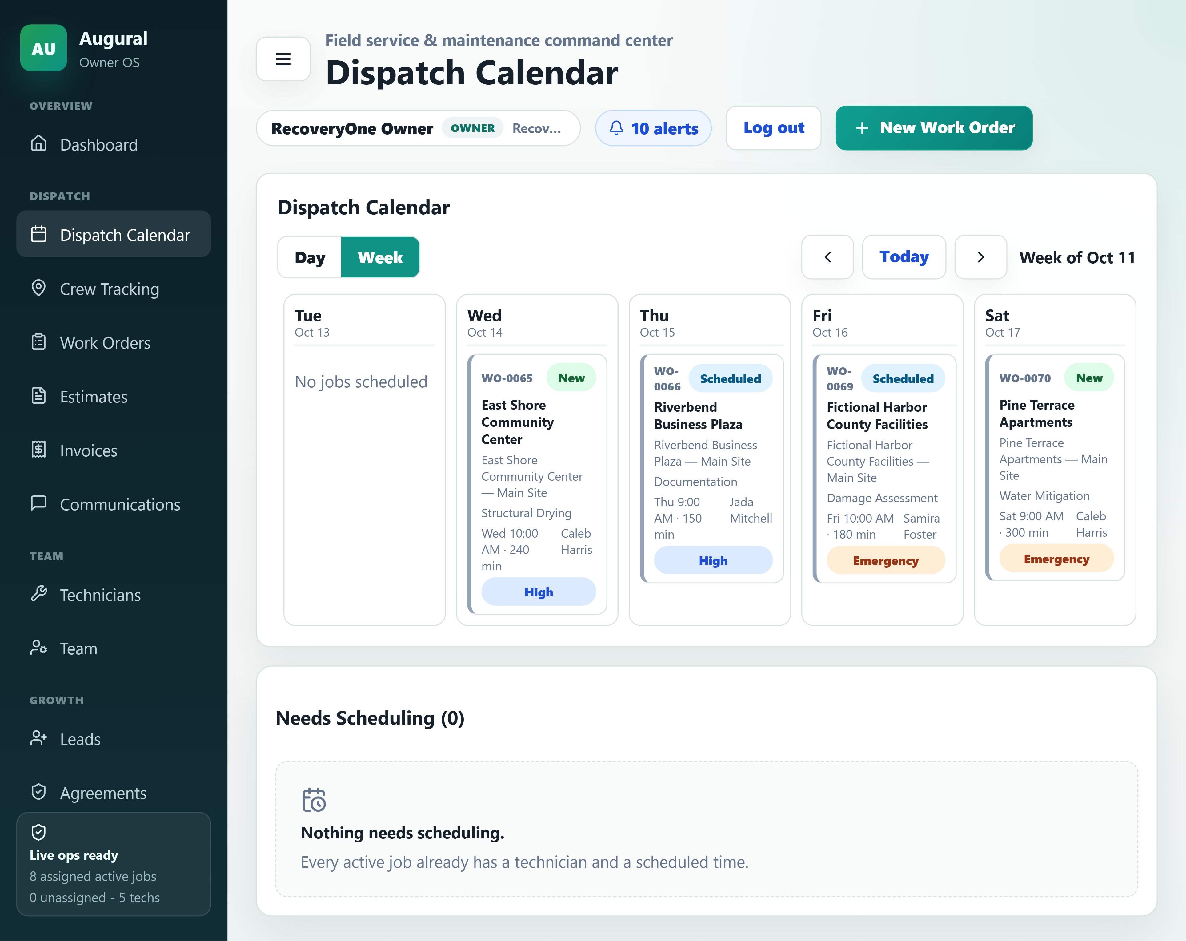 Emergency dispatch assignments in the fictional RecoveryOne demo workspace