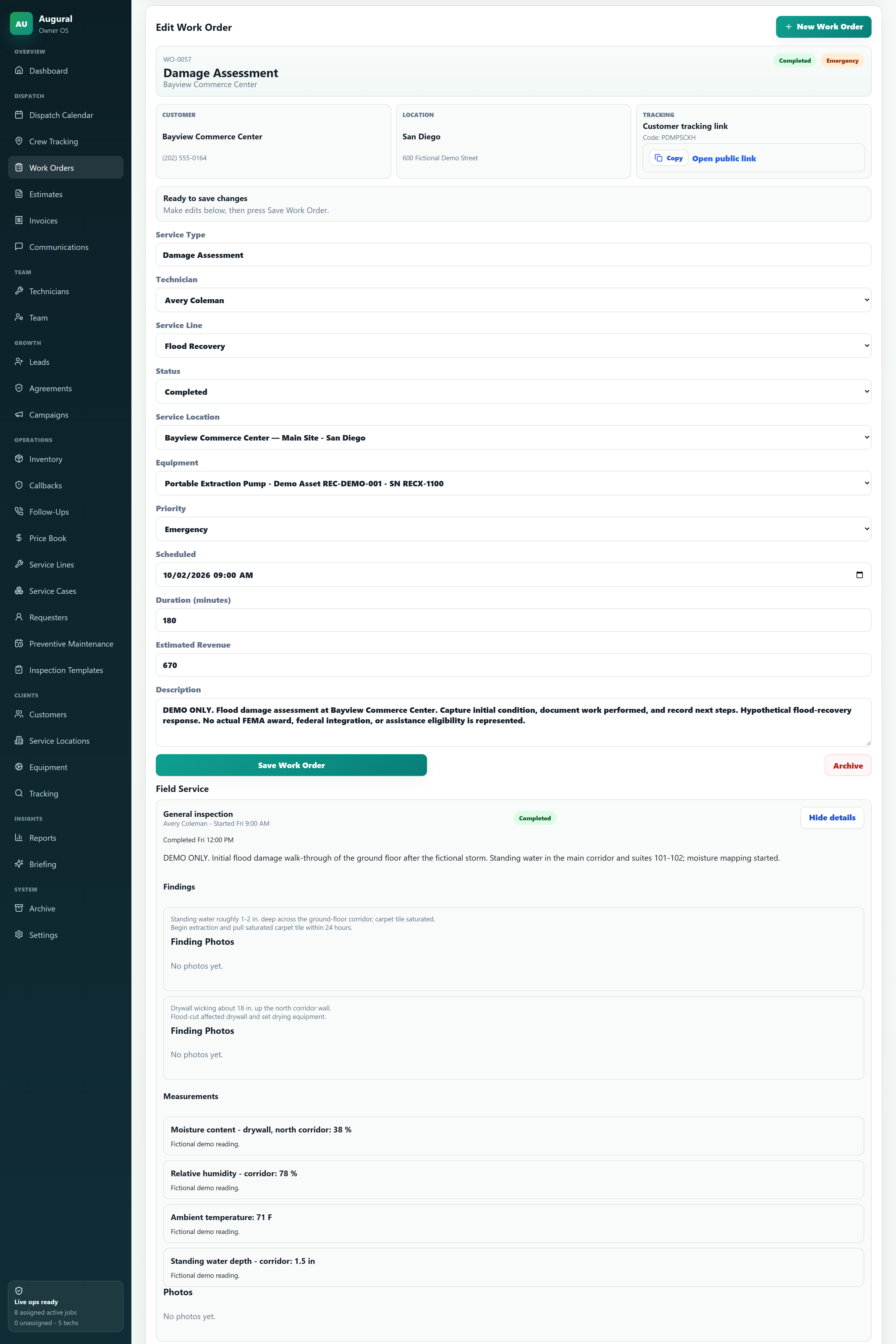 Flood work order and inspection context in the fictional RecoveryOne demo workspace