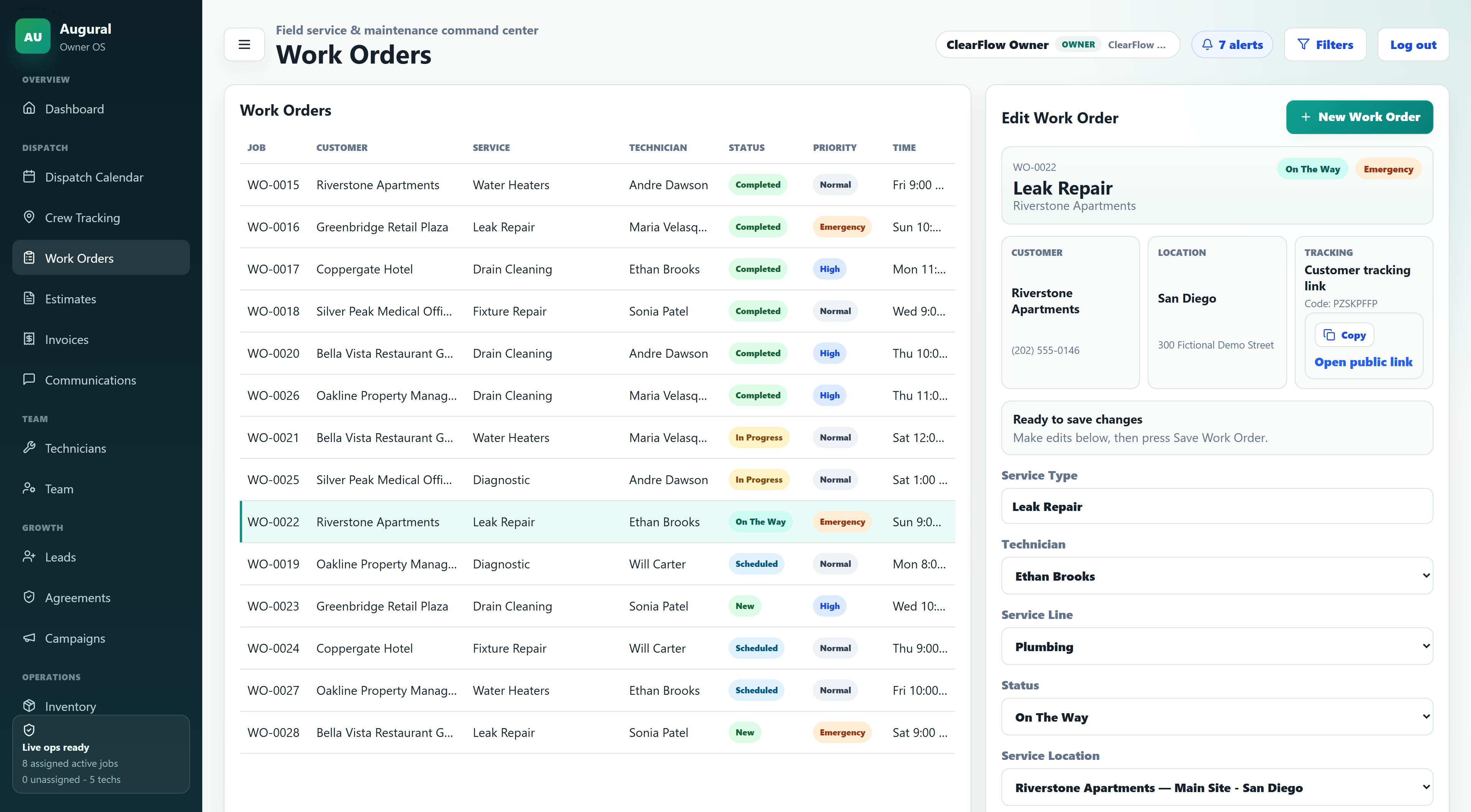 Work orders in the fictional ClearFlow Plumbing Services LLC demo workspace